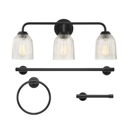 Image of Globe Electric 4-Piece All-in-One Bathroom Set, Matte Black, 3-Light Vanity Light with Ribbed Glass Shades, Towel Bar, Toilet Paper Holder, Towel Ring