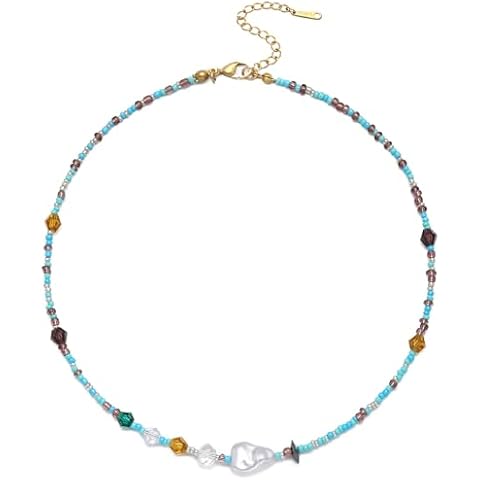 S.J JEWELRY Beaded Necklaces for Women Colorful Seed Bead Necklace Boho Necklaces for Women Beach Necklaces Summer Necklace Choker for Women Stainless Steel 18K Gold Plated CK-MixBlue-Baroq Cover