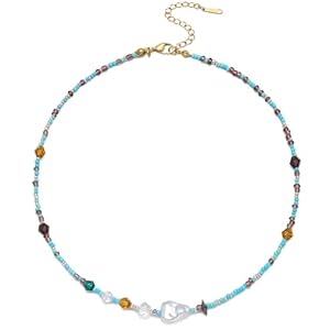 S.J JEWELRY Beaded Necklaces for Women Colorful Seed Bead Necklace Boho Necklaces for Women Beach Necklaces Summer Necklace Choker for Women Stainless Steel 18K Gold Plated