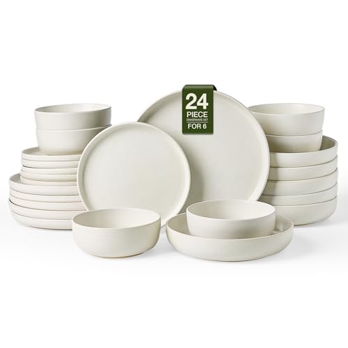 Image of Famiware Milkyway Stoneware Dinnerware Sets with Pasta Bowls, Service for 6 (24 Pieces), Reactive Glaze Plates and Bowls Sets, Microwave and Dishwasher Safe Dishes Set, Matte Beige White