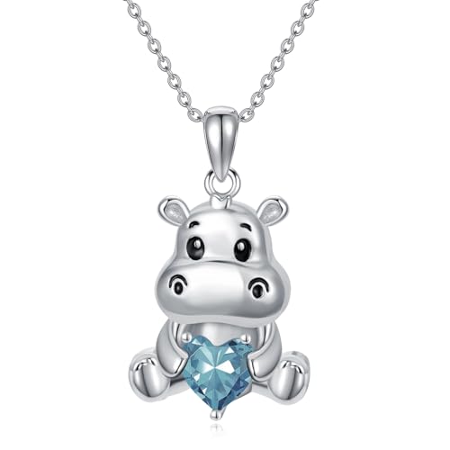 Image of PROESS Animal Birthstone Necklace 925 Sterling Silver Otter /Axolotl /Hippo /Elephant /Dachshund /Monkey /Red Panda Pendant Necklace Animal Birthstone Jewelry Gifts for Women