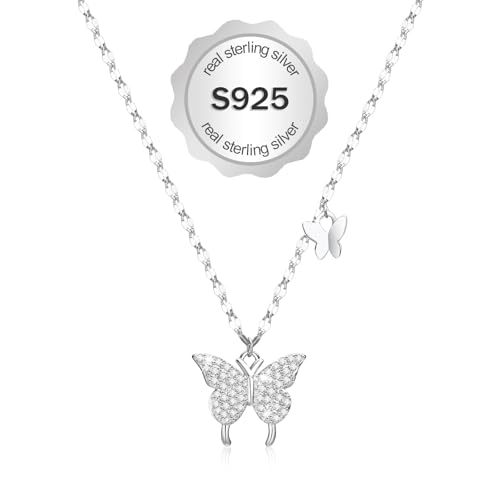Butterfly Necklace for Women, 925 Sterling Silver Dainty Double Butterfly Pendant Necklace with Cubic Zirconia, Cute Choker Necklaces Jewelry Gifts for Women Mom Friends Grandma - Main Image