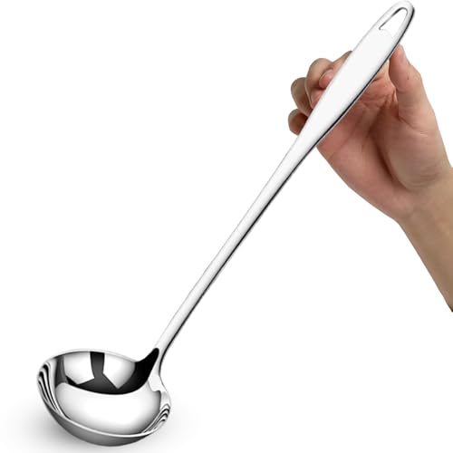Bigwinyep Soup Ladle 304 Stainless Steel Ladle spoon, 12.2Inch Long Handle Soup Spoons Serving Spoon for Cooking Buffet, Party, Kitchen, Silver