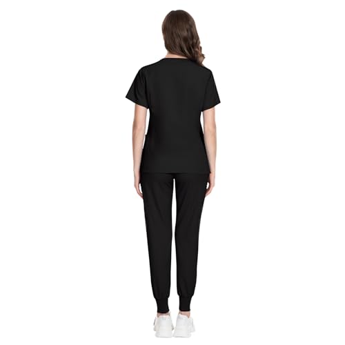 Image of VIAOLI Scrubs for Women Set Modern V-Neck Top & 8 Pocket Jogger Pants Nursing Uniform Solid Stretch Workwear