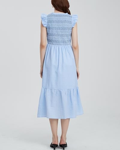 Women's Embroidered Smocked Midi Dress Casual Boho Ruffle Sleeve Crewneck Long Flowy Summer Dress3