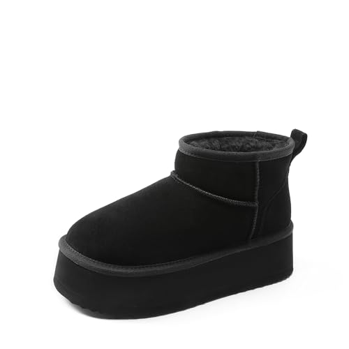 DREAM PAIRS Platform Winter Boots for Women Genuine Suede, Wide Toe Water Slip Resistant Ankle Mini Snow Boots Lined Fur with Lightweigt Memory Foam Insole Outdoor 5 Black