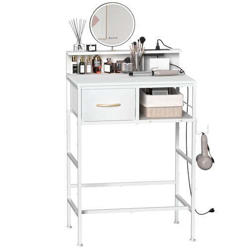 LIANTRAL White Vanity Desk No Mirror, Makeup Vanity Table with Fabric Drawer & Iron Hook, Dressing...