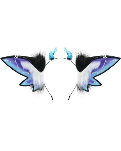 ZFKJERS Realistisches pelziges Tierohren-Stirnband, Fantasy-Kreaturen-Ohren, Cosplay-Zubehör für Halloween (Schmetterling Lila)