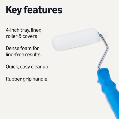 Image of Amazon Basics Foam Paint Roller Kit, 4 inch Roller, 8 Pack, Complete Kit with Foam Covers, Frame, Tray and Liner for Professional Painting Results, Blue