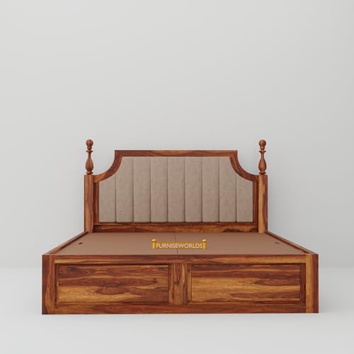 Image of Sheesham Wood King Size Bed with Storage | Solid Rosewood Double Bed for Bedroom | Wooden Palang with Box Storage | Cot Bed Furniture | Classic Bed Honey Finish | 78x72x41 Inch