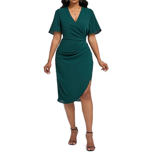 Image of Women's Wrap V Neck Asymmetrical Hem Midi Ruched Cocktail Evening Dress | Back Zipper, Regular Fit, Club Night, Semi Office Formal, Wedding Dinner Date, Flutter Short Sleeve, High Low Irregular Hem