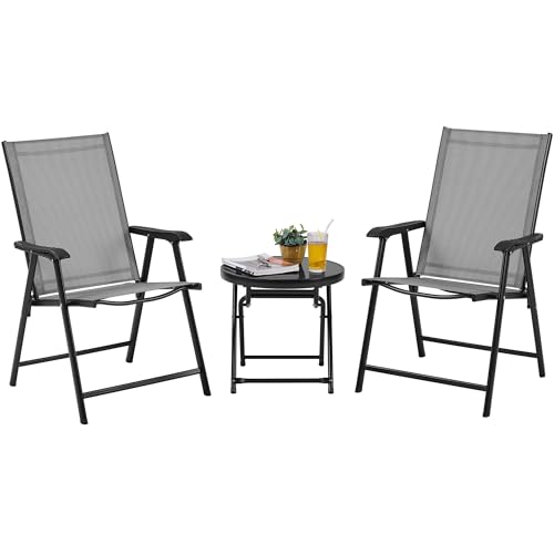 Yaheetech 3-Piece Outdoor Bistro Set Garden Folding Chairs and Tempered Glass Table Set Foldable Patio Furniture with Backrest & Armrests for Garden Lawn Balcony & Poolside Relaxation Grey/Black