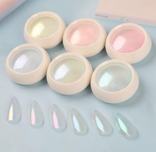 Image of Bolt BEE Chrome Nail Powder 6 Colors White Pearl Chrome Nail Powder Set with Stick | Holographic Metallic Aurora Glitter,Ice Transparent Effect for Gel Polish Mermaid Pearl Aurora Dust Nail Powder