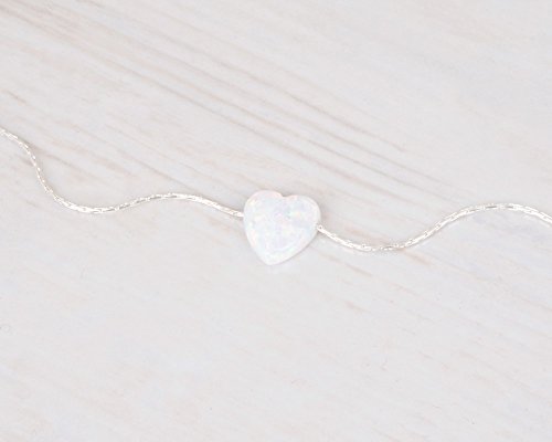 White Opal Heart On Sterling Silver 925 Choker Necklace - Designer Handmade Minimal Collar - Length: 13.5 Inch + 3 Inch Extender #TOP5