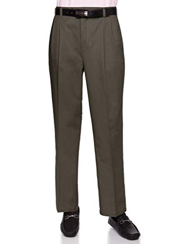 AKA Mens Wrinkle Free Chino Casual Pants - Traditional Fit Slacks Pleated-Front Chino Casual Pants Cotton Twill Olive 28 Short