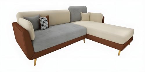 Image of Velvet Contemperory Sofa Couch with Cushion Chaise Lounge Sectional Perfect for Living Room & Bedroom Guests Home & Office (LHS 4 Seater Brown & Beige)