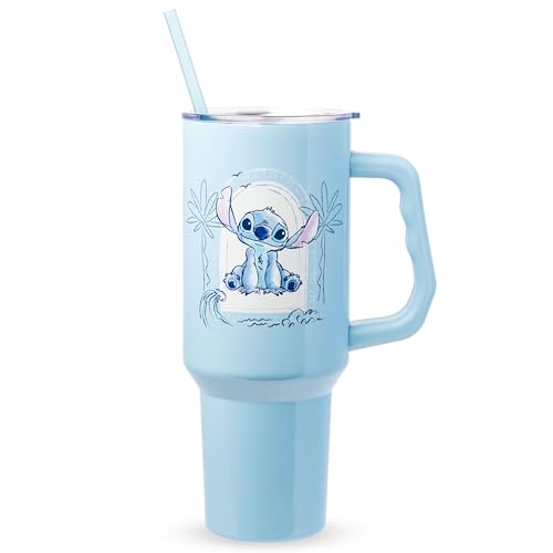 Image of Silver Buffalo Disney Lilo & Stitch Minimalistic Design Ocean & Tropical Stainless Steel Tumbler with Handle and Straw, Fits in Standard Cup Holder, 40 Ounces (Pack of 12)
