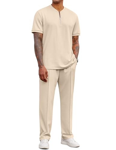 COOFANDY Mens 2 Pieces Outfits Casual Quarter Zip Polo Shirt and Jogging Pants Summer Tracksuits Set
