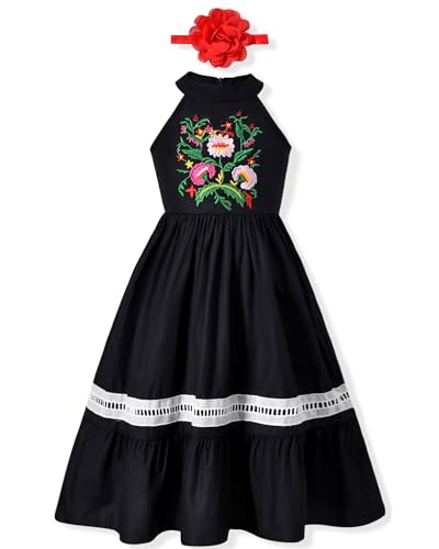 fioukiay Girls Mexican Floral Embroidered Dress Halter Neck Sleeveless Ruffle Party Long Maxi Dresses