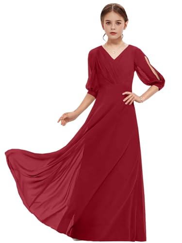 Junior Bridesmaid Dresses Sleeves V-Neck Girls Formal Dresses Long Chiffon Flower Girl Dress