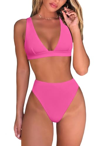 fatty tiger Womens High Rise Thong Bikini Sets Deep V Neck Triangle Top Brazilian Swimsuits Cute Two Piece Bathing Suit 2024 Light Pink M
