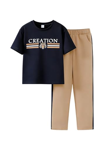 Image of Yoxindax Tween Boy Clothes 2-Piece Letter Print Tee And Color-Block Pants Summer Outfits