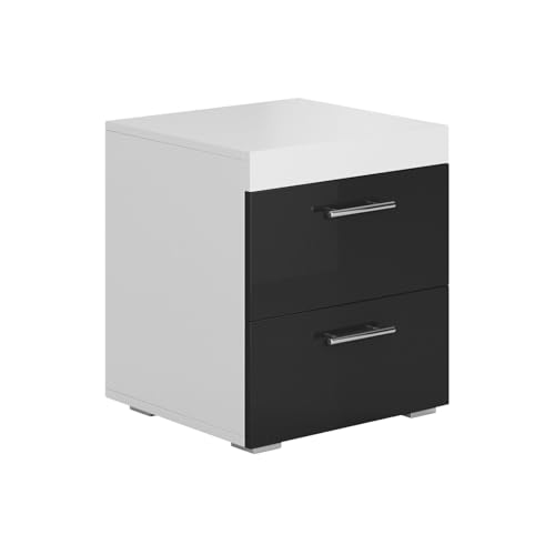 MB Muebles Bonitos, Table de Chevet Ciro avec 2 Tiroirs, Poignées Métalliques, Table de Nuit pour Chambre en Mélamine Brillante, Couleur Noir et Blanc,...