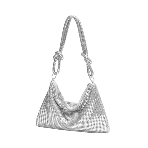 Image of Shimmering Metal Mesh Evening Bag Knotted Shoulder Strap Women Evening Shiny Hobo Metallic Purse (Style A Silver)