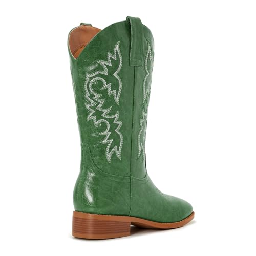 Image of Cowgirl Boots Square Toe Cowboy Boots For Women Ladies Mid Calf Low Heel Flat