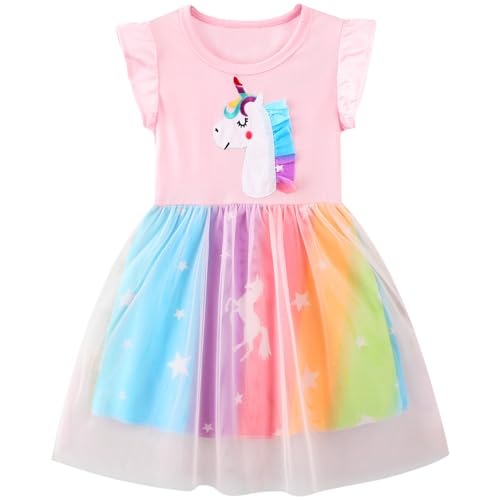 JinBei Niña Vestido Algodon Verano Manga Sin Vestidos Rosa Estrella Estampados Unicornio Animal Fiesta Casual Elegantes Chica Arcoíris Tul T-Shirt Vestidos 4-5 Años
