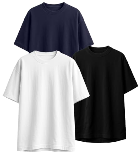 Image of Veirdo 100% Pure Cotton Drop Shoulder Oversized Baggy Fit Half Sleeve Plain Solid Round Neck Multicolor T-Shirt Combo for Men (Pack of 3) (Sizes S-2XL)