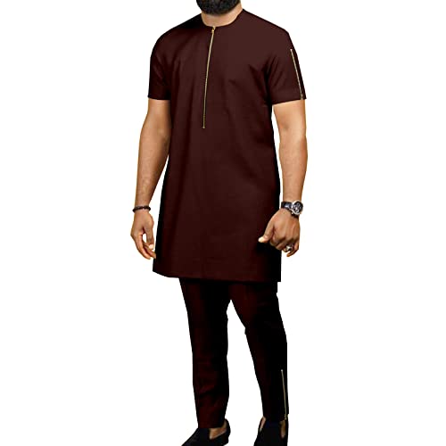 African Suit for Men Big and Tall Dashiki Short Sleeve Tops Blouse+ Ankara Pants Tracksuit Pockets Formal Attire