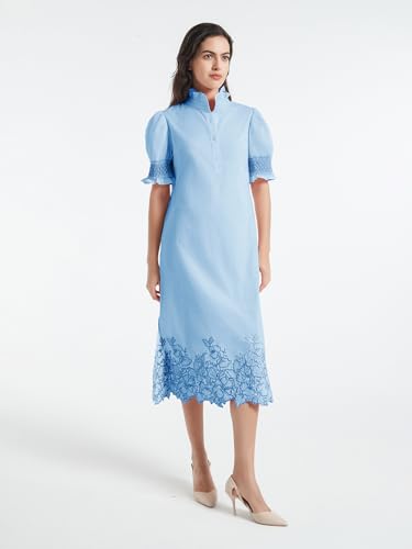 Image of Women's Summer Embroidered Midi Dress 2026 Button Down Short Sleeve Floral Shirt Dress