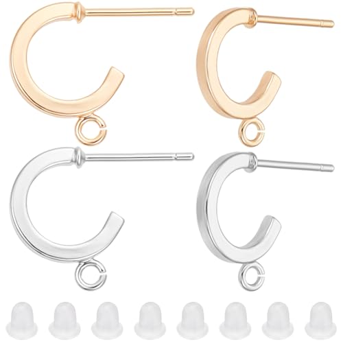 Beebeecraft 1 Box 20Pcs 2 Colors Half Hoop Earring Findings 18K Gold Plated Open Dangle C Shaped Stud Earrings with Loop 20Pcs Plastic Ear Nuts for Jewellery Making DIY Craft Gifts Accessories