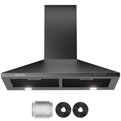 Image of 24 Inch Wall Mount Range Hood Ducted /Ductless Convertible Kitchen Exhaust Hood with 450 CFM Motor, 3 Speed Fan, LED Lighting and Dishwasher Safe Filters, Matte Black Painted Finish