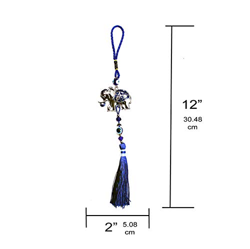 Luckboostium Silver Elephant W/Intricate Blue Engraved Blanket Hanging Charm Ornament With 2 Evil Eyes And Tassels, Sign Of Good Fortune - Home Keys, Bags & Rear View Mirror Accessories (2”X12”) #TOP1