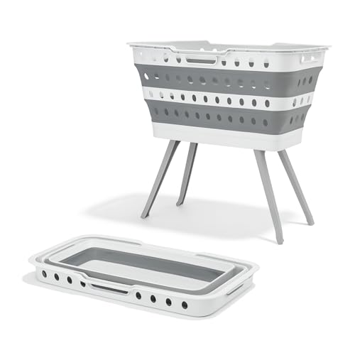 No Bend Basket by Spark Innovators– Collapsible Laundry Basket with Legs– Foldable Plastic Laundry Hamper for Easy Storage- Durable & Lightweight- Space-Saving Clothes Basket– Dorms, Apartments & RVs