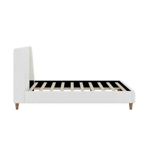 Image of Merax Solid Wood Queen Size Boucle Bed Frame with Wingback Headboard, Modern Upholstered Platform with Walnut Wooden Legs, Strong Wooden Slats, No Box Spring Needed, Easy Assembly, Noise-Free, White