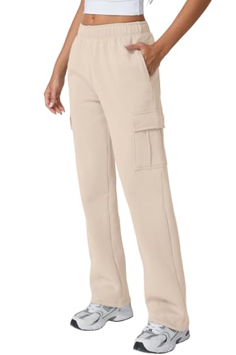 Image of QINSEN Baggy Medium Waist Elastic Sweatpants for Womens Casual Long Fleece Cargo Pants with Pockets