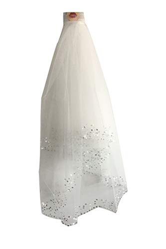 MLT Elbow Beaded Edge Pearl Sequins Wedding Bridal Veil with Comb (White)