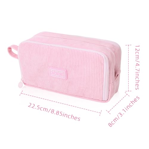 Image of iSuperb Big Capacity Corduroy Pencil Case 3 Compartments Pen Pouch Simple Organizer Bag Large Capacity Pencil Box for Adults (Pink)