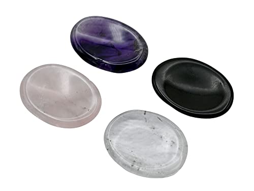 Image of Amazing Gemstone Set of 4 Thumb Worry Rubbing Stone for Anxiety Healing ~ Amethyst, Rose Quartz, Clear Quartz, Black Agate Oval Cabochon Stone ~ Easy to Carry Natural Crystal Pocket Palm Stone