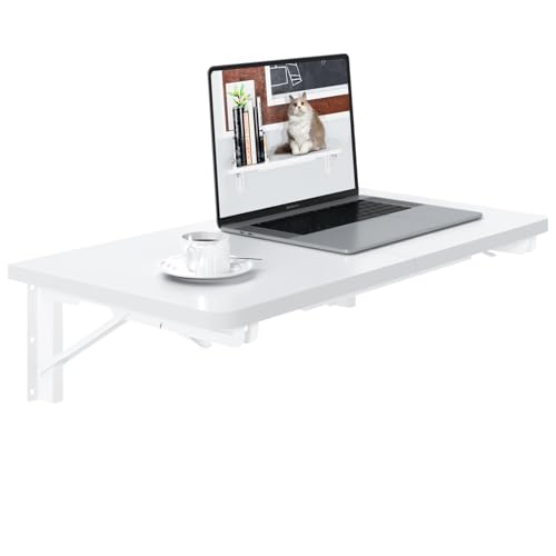 TEAMIX Wall Mounted Desk, White Folding Desk for Small Spaces Floating Shelf Organizer with Heavy-Duty Brackets for Home Office