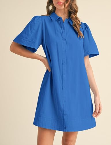 Image of Womens Short Sleeve Button Down Mini Shirt Dress Lapel Collar Short Dresses with Pocket