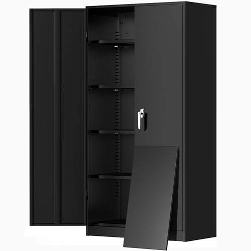 Greenvelly Metal Garage Storage Cabinet, 72” Locking Black Tool Steel Cabinet with Doors and 4 Shelves, Tall Metal Cabinets with Garage Storage Systems for Home Office, Kitchen/Pantry