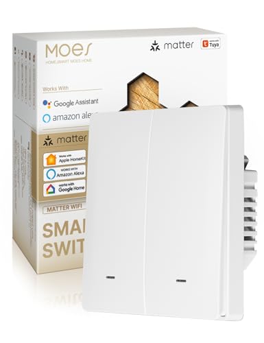 MOES Interruttore Intelligente Matter,WiFi Interruttore a Sincronizzazione Bidirezionale, Filo Neutro Richiesto, Compatibile con Alexa/Apple Home/Google Home/SmartThings/Tuya, 2 Gang