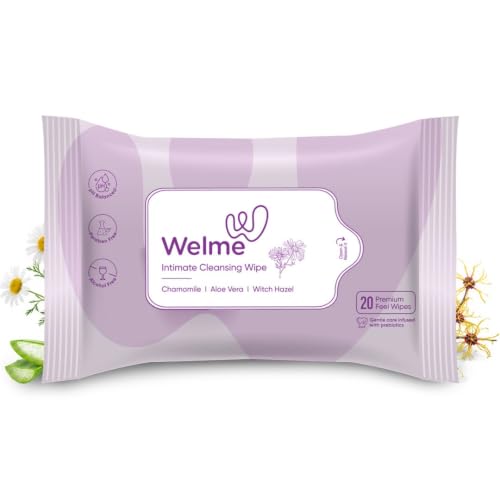 Image of Welme Intimate Cleansing Intimate Wipes for Daily Use | Chamomile, Aloe Vera & Witch Hazel | pH Balanced | Infused with Prebiotics | 20 Wipes for Travel, Periods & Pre /Post Intimacy
