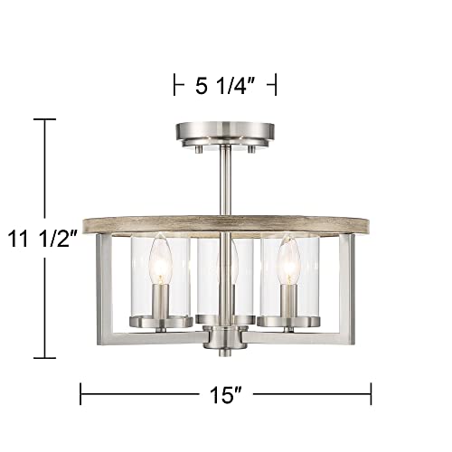 Possini Euro Design Senna Modern Industrial Ceiling Light Semi Flush-Mount Fixture 15" Wide Brushed Nickel Gray Wood 3-Light Clear Glass Shade for Bedroom Kitchen Living Room Hallway Dining House