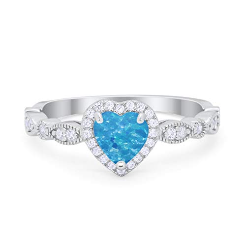 Lab Created Blue Opal Size-7 Sterling Silver Art Deco Heart Promise Wedding Engagement Ring Round CZ