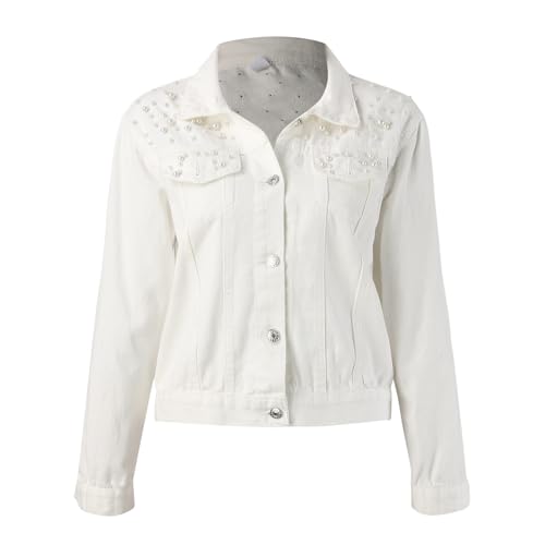 2026 Damen Jacken Große Jeansjacke Bestickte Perlen Mantel, weiß, M